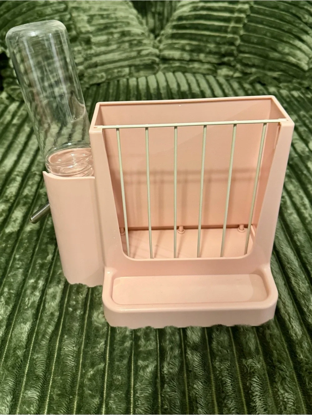 Pink Multi-Compartment Rabbit Feeder with Water Bottle